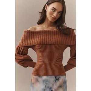 Anthropologie The Tessa Off-The-Shoulder Puff-Sleeve Sweater Mauve Sz XL New